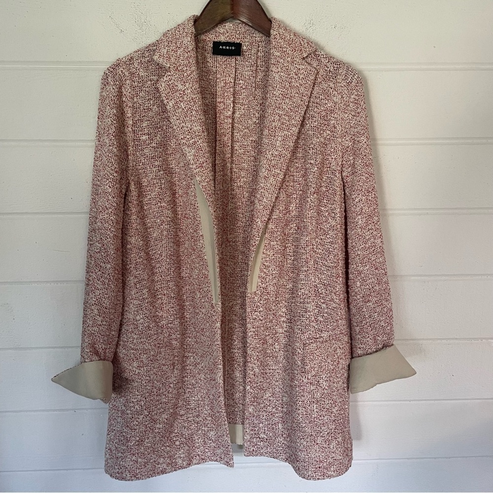 EUC Akris Punto Light Open Front Red White Speckled Textured Weave Blazer Sz 10 - Picture 9 of 13